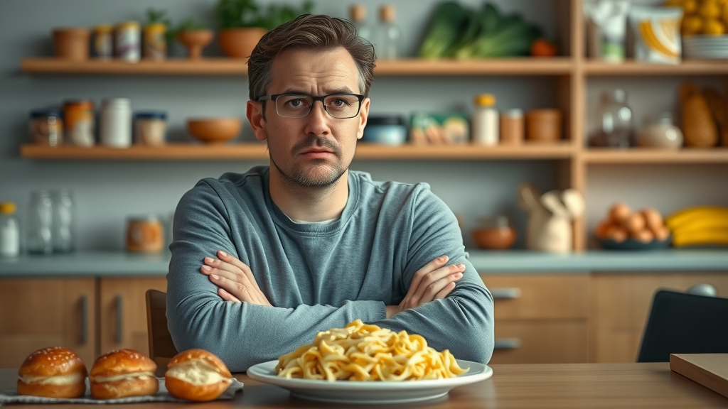 concerned adult resisting a plate of pasta and pastries, in a kitchen with healthy low carb food alternatives on the shelves, illustrating carb food cravings