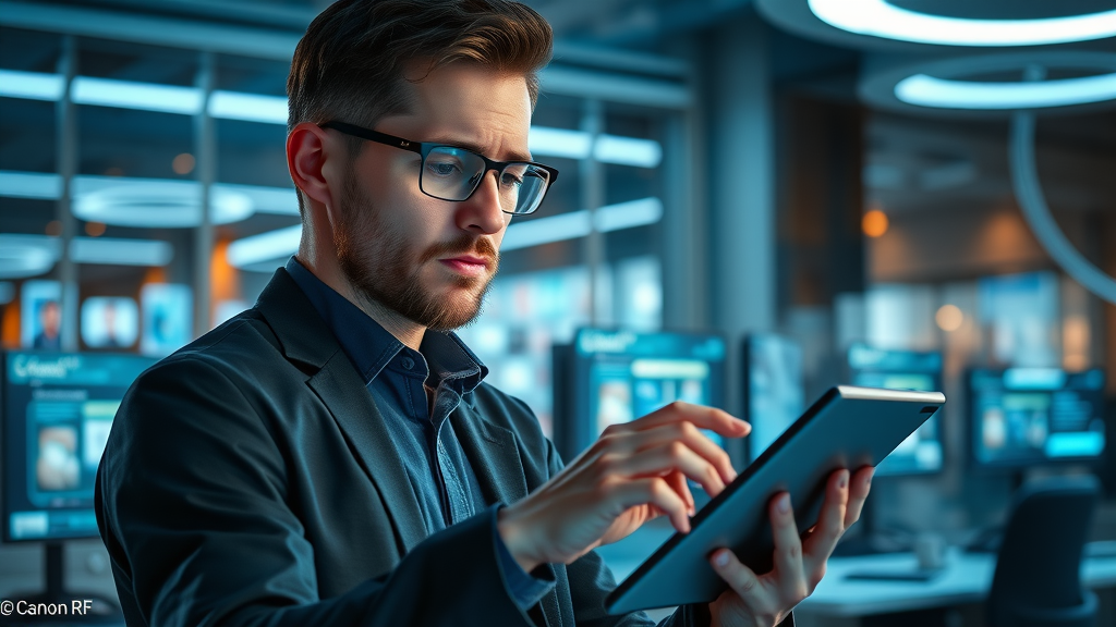 digital marketer organizing ppc ad groups for google ads with a focused expression on a digital tablet in a futuristic workspace