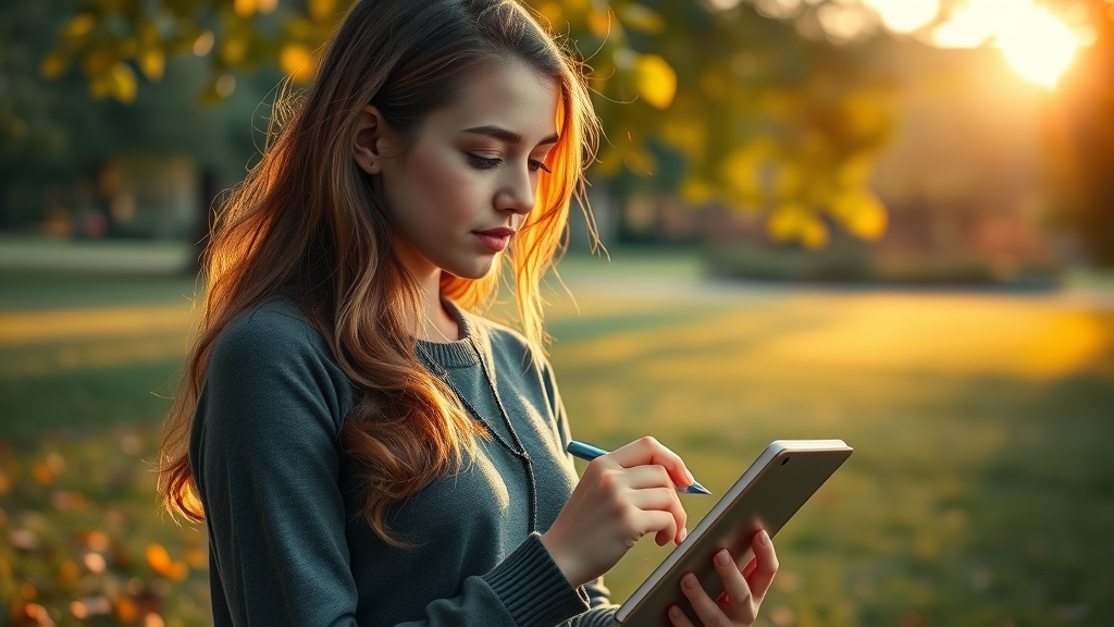 young woman writing in a digital journal, encapsulating the essence of personal blogging