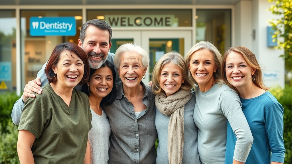 Happy family with bright smiles outside a modern dental clinic, showcasing dentistry.