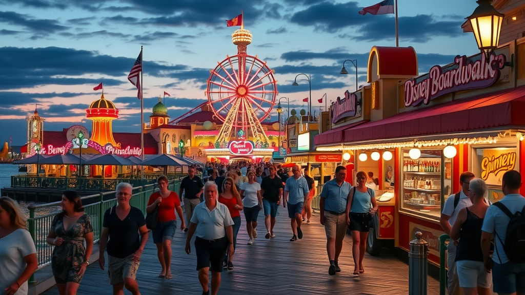 Disney Boardwalk Nightlife Event 2025, lively evening crowd