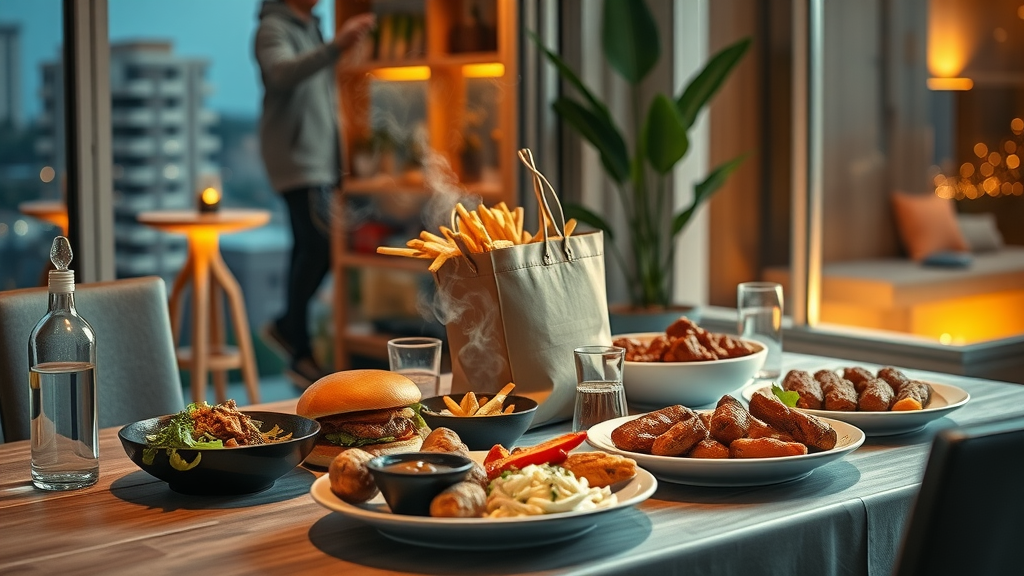 Restaurant delivery rider brings hot food to urban home, fresh and inviting.