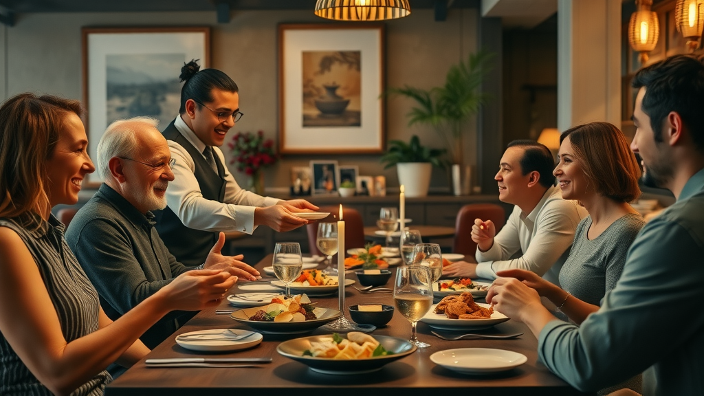 Attentive server and happy family sharing an inviting restaurant meal