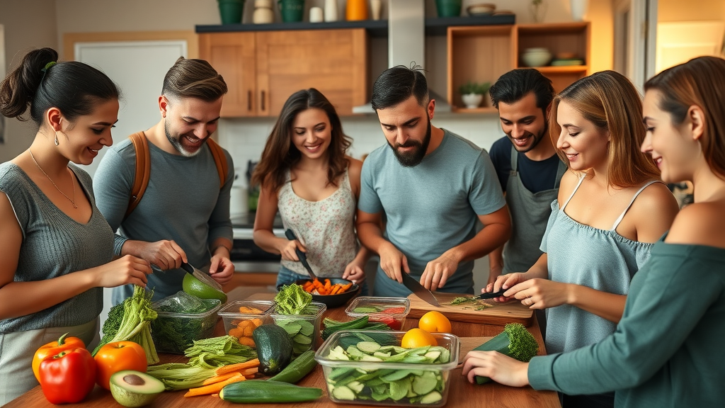 motivated group meal prepping diverse low carb veggies together, team spirit in a cozy kitchen with containers, showing healthy low carb diet habits