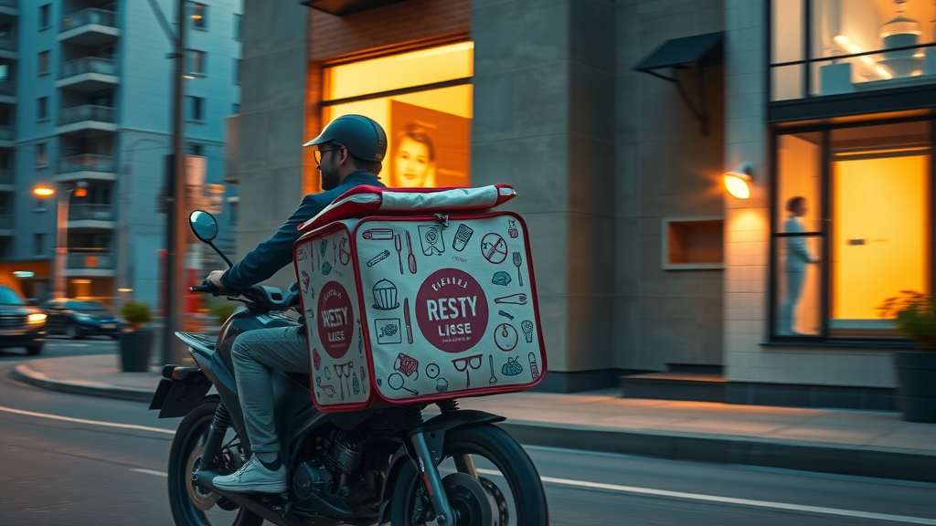 Speedy restaurant delivery ensuring hot fresh food to city customers at dusk.