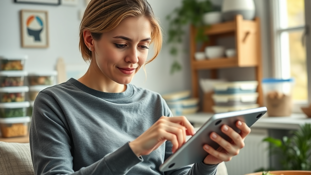 Motivated adult meal planning a healthy low carb diet using a digital tablet