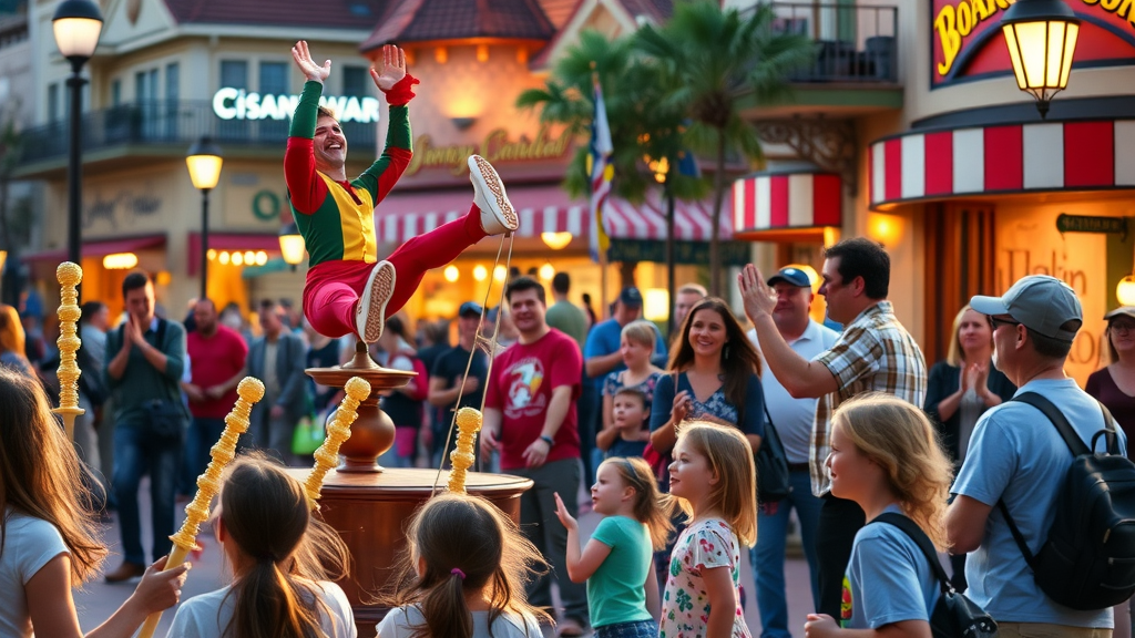 Energetic street performers and cheerful crowd at Disney BoardWalk.