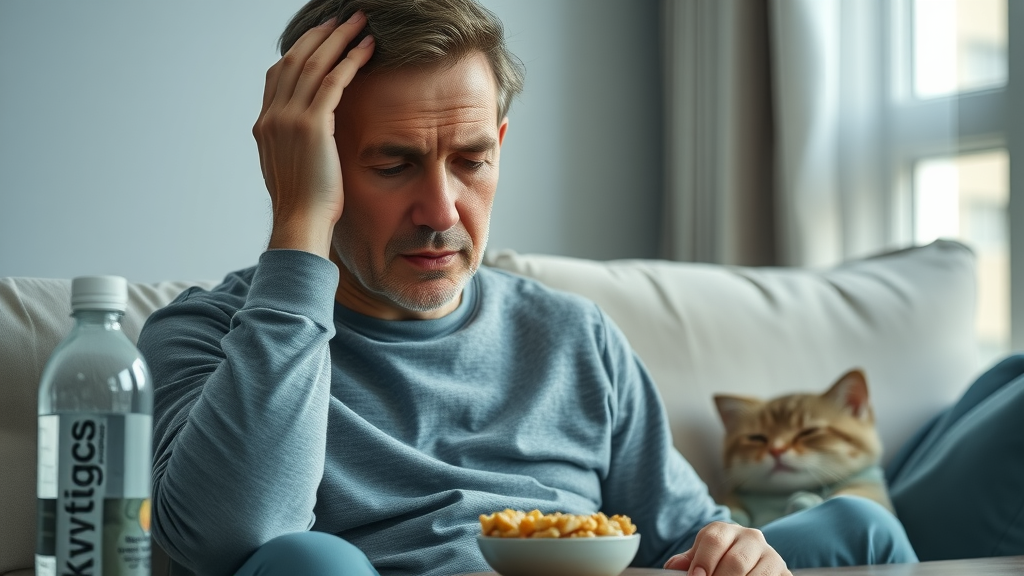 person with keto flu fatigue, managing keto diet side effects, holding head, tired expression