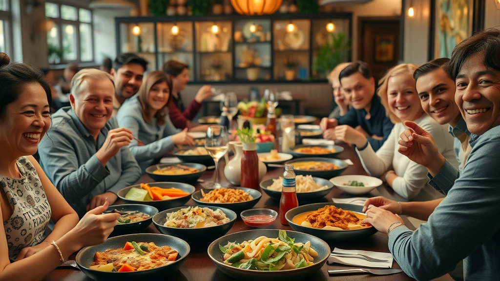 diverse dining setting, satisfied expressions, people enjoying foods