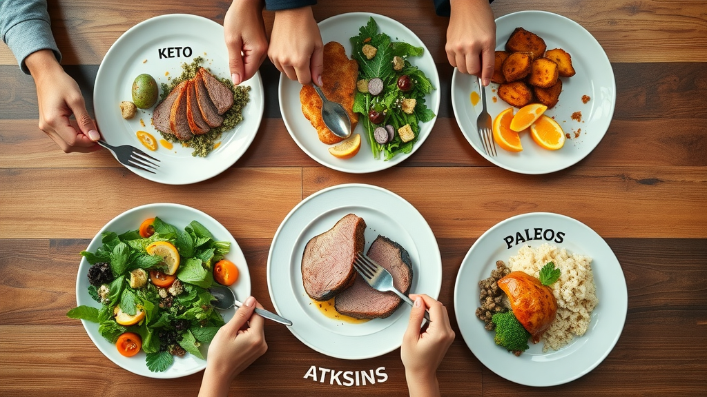 comparison of meal plates for Keto, Atkins, and Paleo Low Carb diets, featuring foods like lean meats, fresh greens, and sides, illustrating meal plan options
