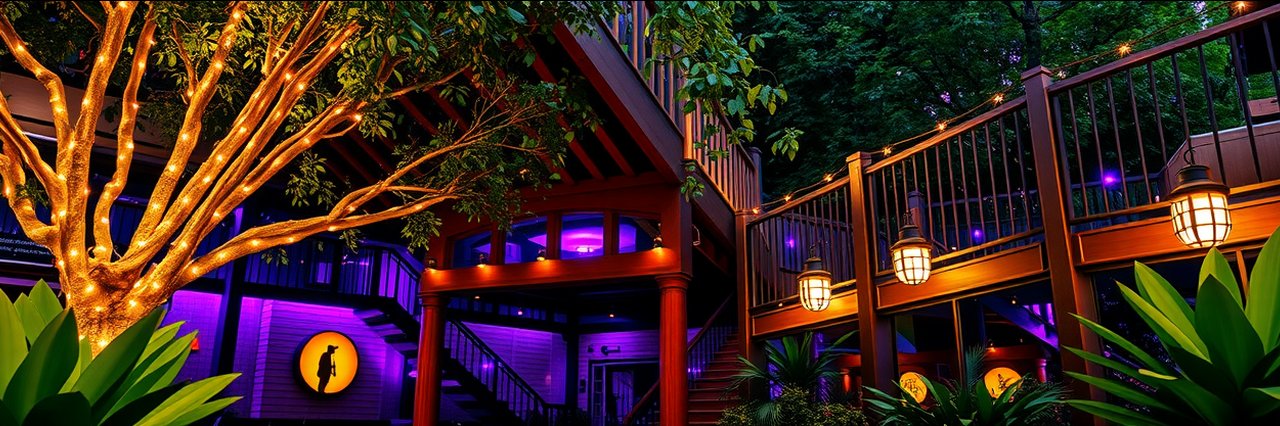 Modern restaurant patio with trees wrapped in string lights and purple accent lighting