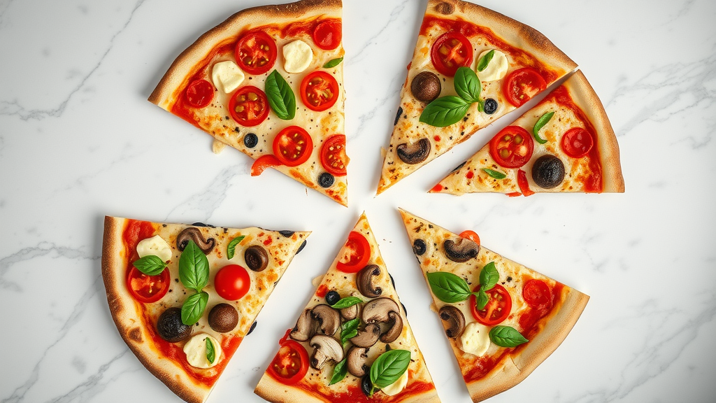 Assorted gourmet pizza slices on marble showcasing variety and freshness