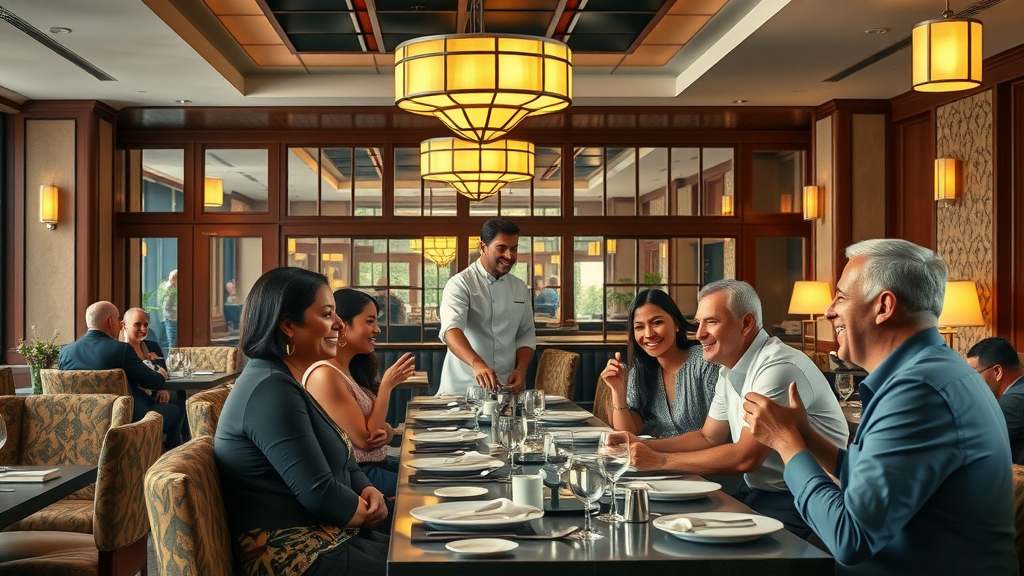 Chef serving guests in a warm, elegant multicultural restaurant