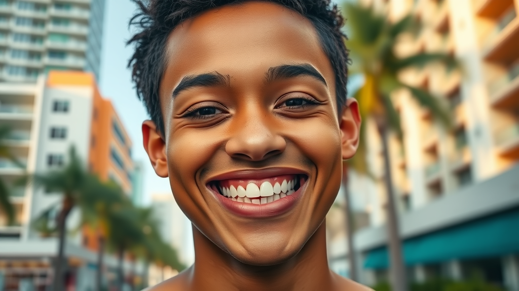 happy person with a bright smile, Miami background with palm trees