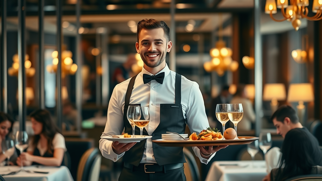 Attentive waiter serves Continental cuisine in chic restaurant ambiance