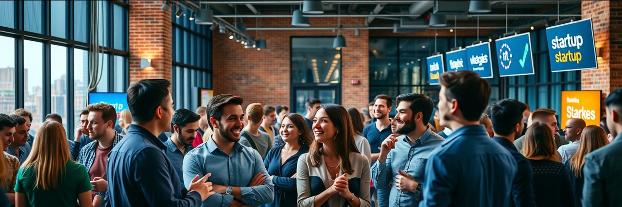 Diverse entrepreneurs networking at a modern startup fundraising event, city skyline view