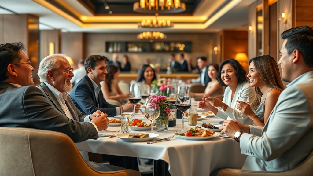 Elegant Continental restaurant with guests enjoying diverse gourmet cuisine