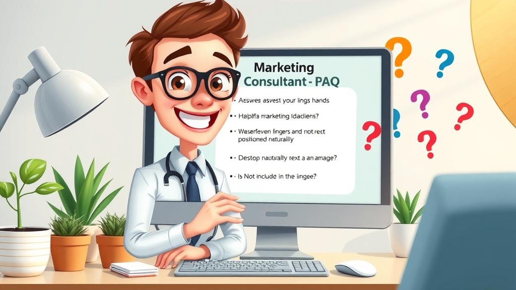 helpful marketing consultant answering PPC and SEO FAQs for business owners at a digital workspace