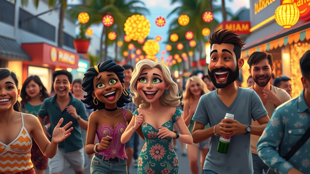 festive street scene in Miami, joyous expressions, people participating in local events