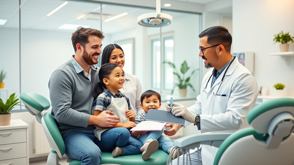 Smiling family with dentist in modern dental clinic, dentistry prevention tips