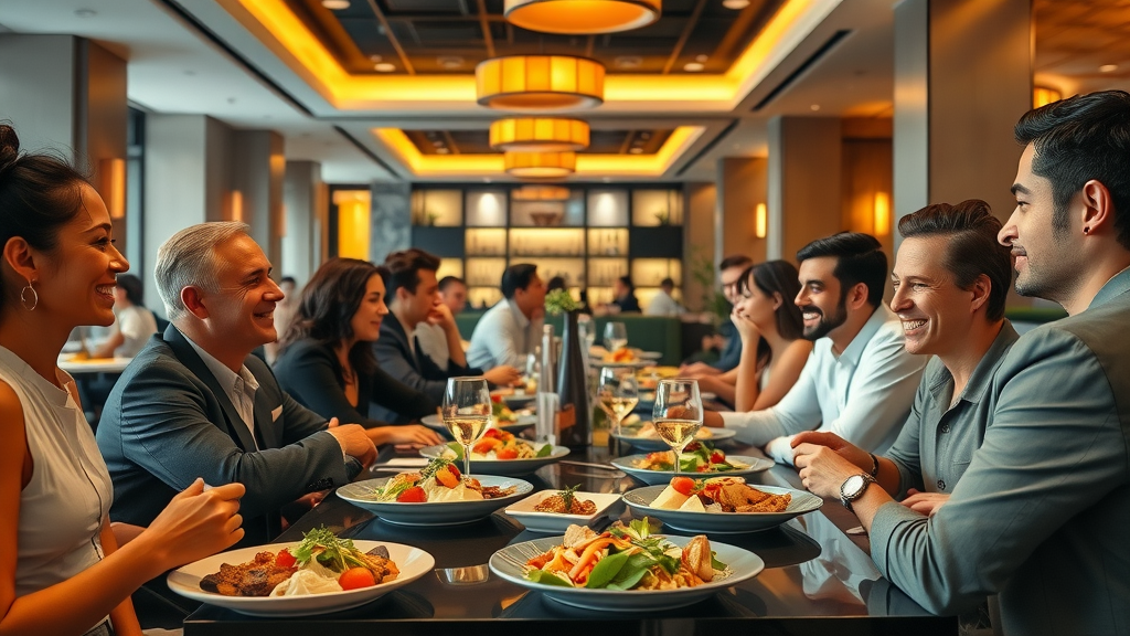 Modern restaurant interior with diverse diners enjoying vibrant cuisine