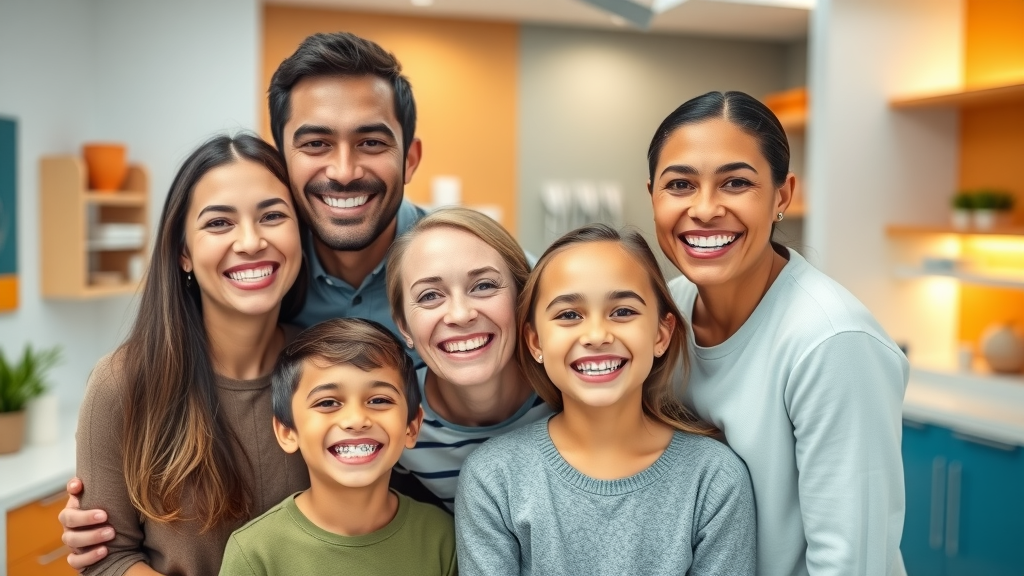 Multicultural family with bright smiles in modern dental office, Dentistry & Orthodontics cover