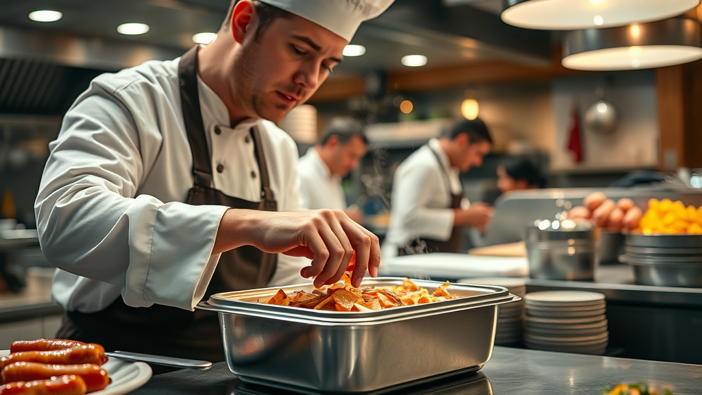Chef prepares hot restaurant delivery meal for safe, fresh home arrival.