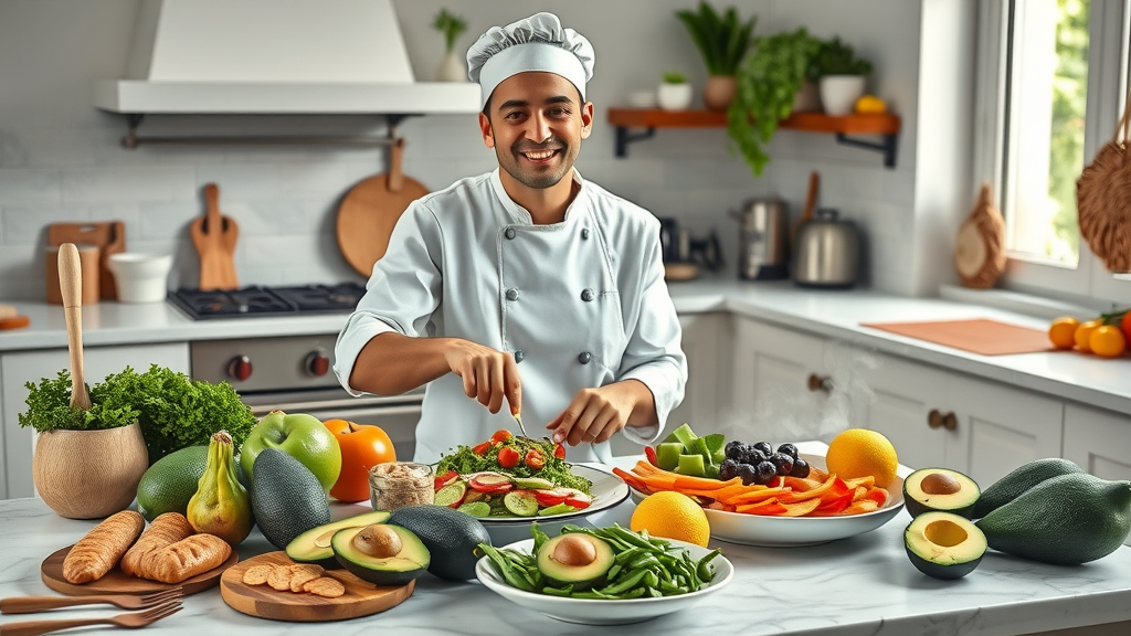 keto-friendly foods on counter, avocado, red meat, fresh vegetables, ketogenic diet staples