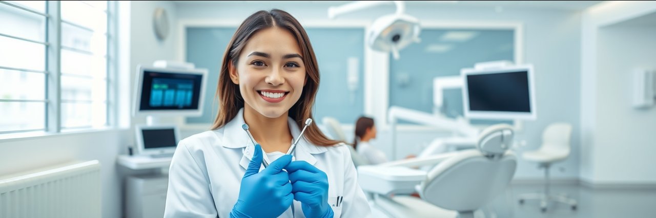 Young dentist in modern dental clinic using tools - Dentistry photorealistic image