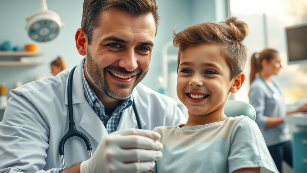Dentist reassuring a smiling child in a calm, friendly dental clinic setting.