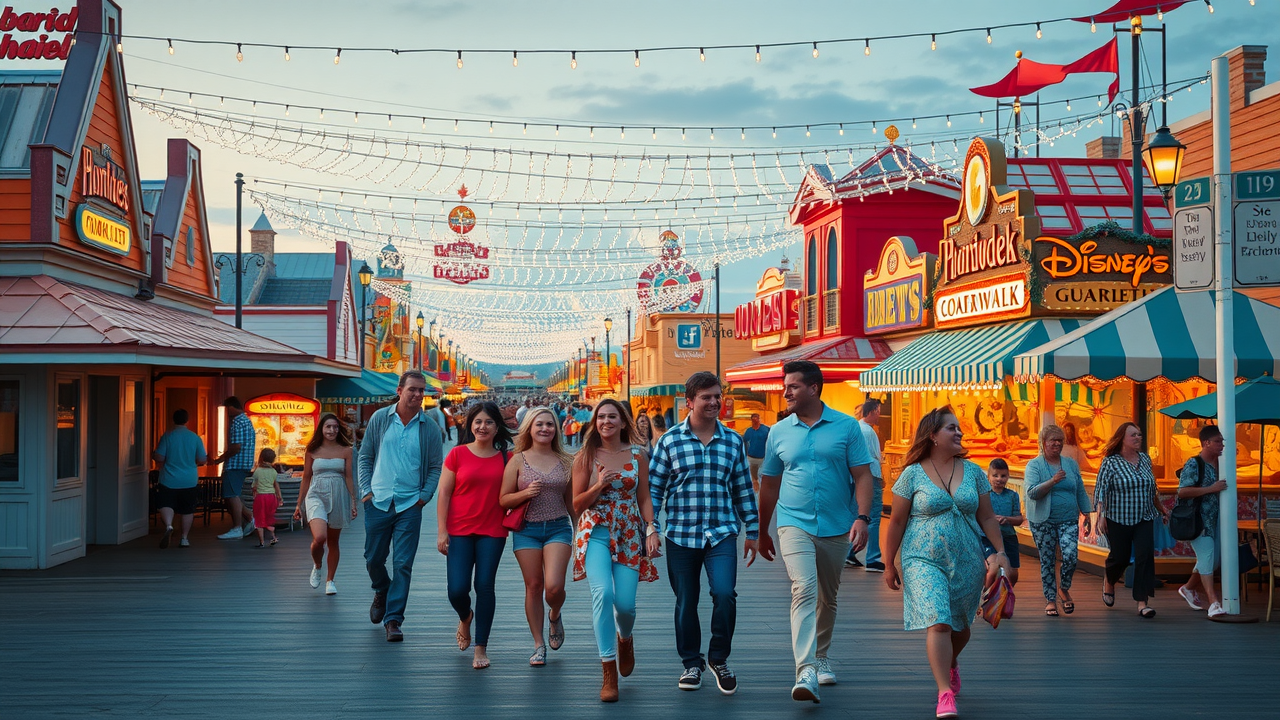 Disney's BoardWalk Orlando lively evening crowd strolling under lights test.