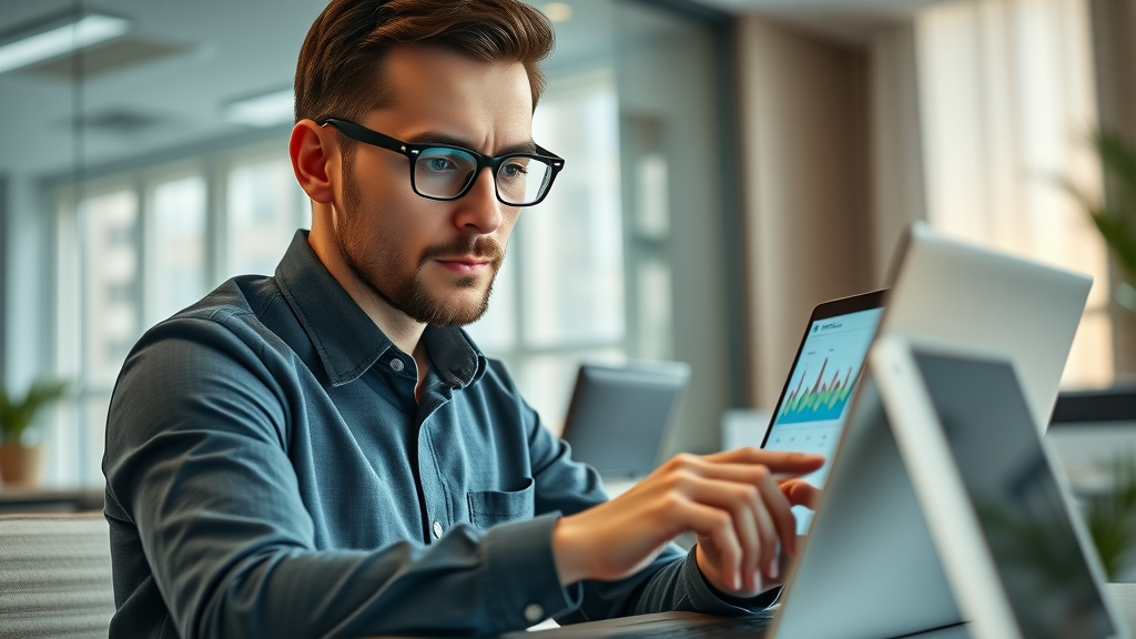 financial analyst reviewing campaign budgets and cost per click metrics for ppc marketing on a touchscreen laptop