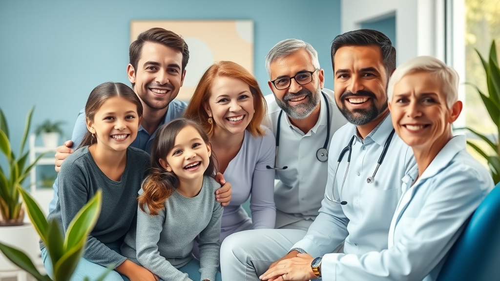 Diverse family smiling confidently in a modern dental office for dentistry care.