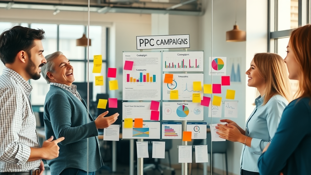 engaged marketing team planning a successful ppc campaign and ad group structures on a glass board in a modern digital marketing meeting room