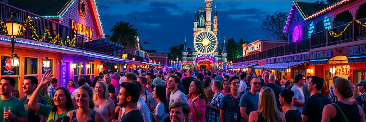 Lively crowd enjoying Disney Boardwalk Nightlife Event 2025.