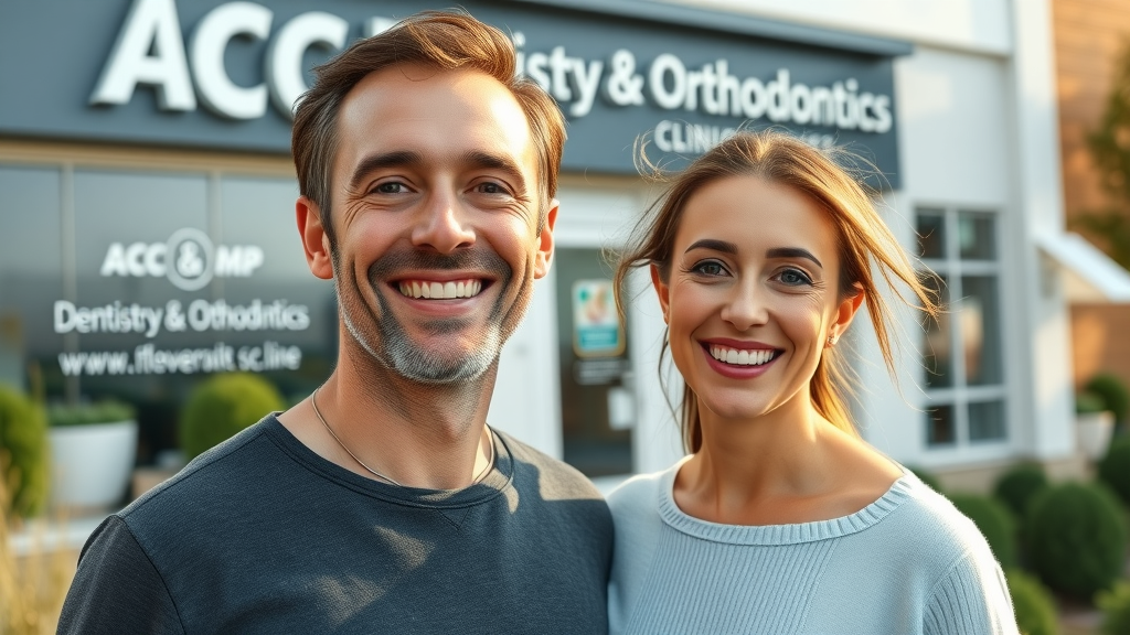 Smiling adults outside ABC Dentistry & Orthodontics building, Dentistry & Orthodontics