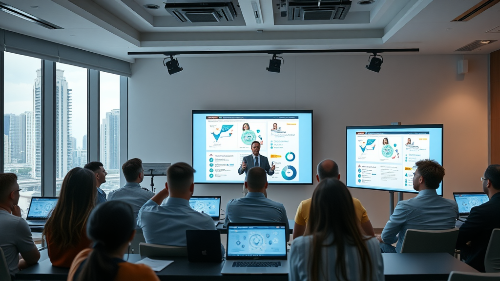 Marketers learning at Funnel Pages hands-on workshop in Miami, digital tools displayed.