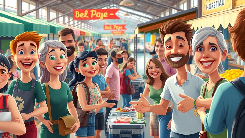 busy marketplace scene, happy expressions, people shopping and dining