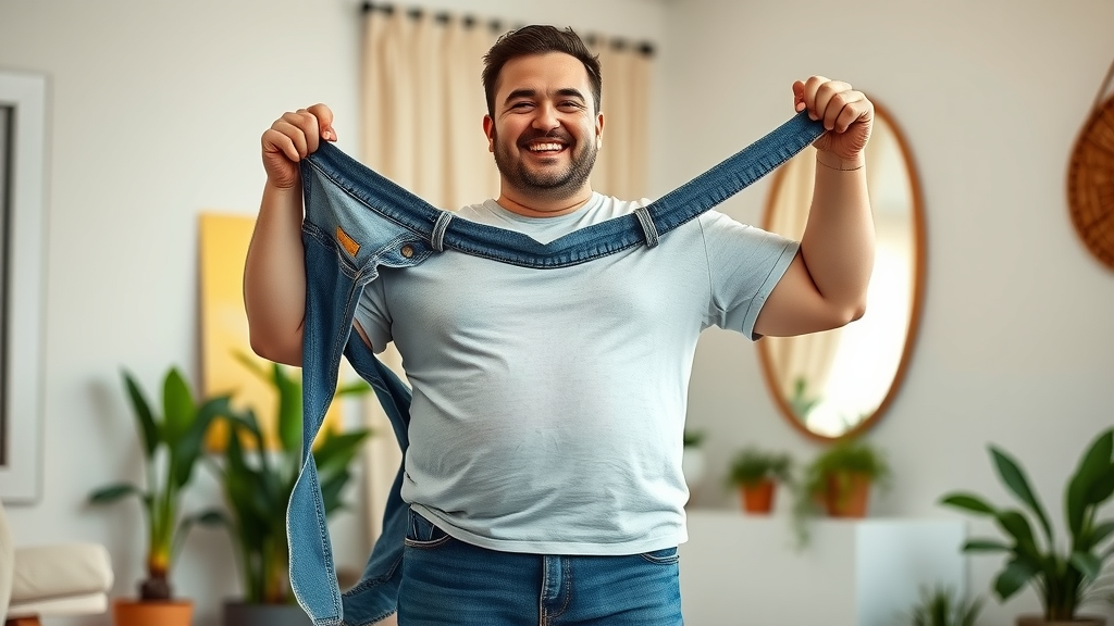 happy person showing weight loss success, keto diet before and after, transformed body, holding old jeans