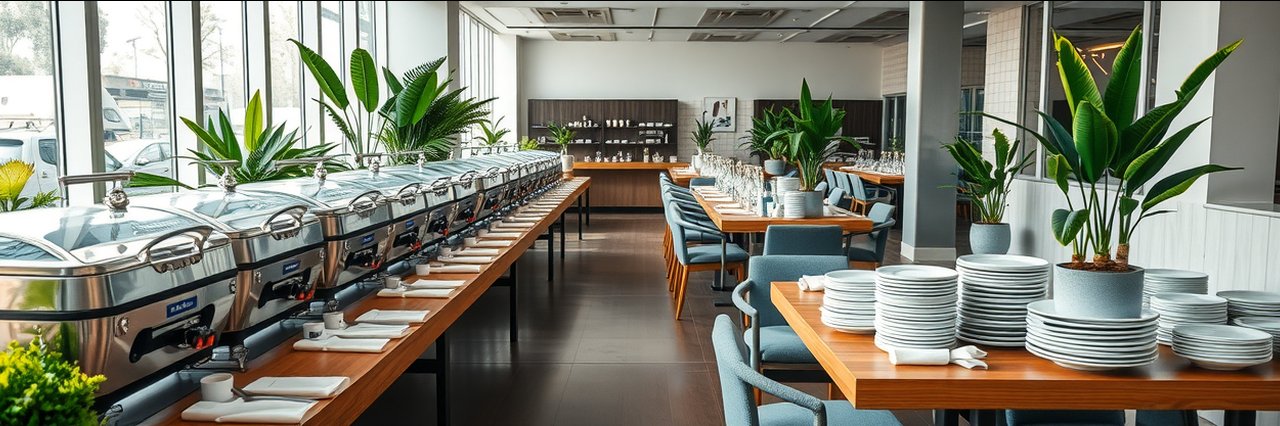 Restaurant buffet setup with delivery-ready hot food trays in a bright modern dining room.