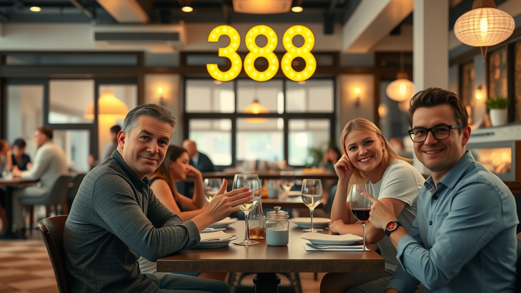 charming atmosphere of 388's dining area, inviting expression, guests enjoying, Photorealistic High Fidelity Lifelike, stylish background with soft lighting