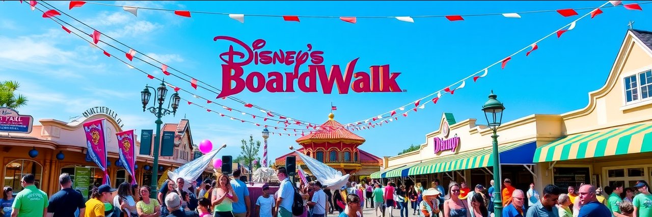 Lively scene at Disney’s BoardWalk Orlando event with vibrant crowd test.