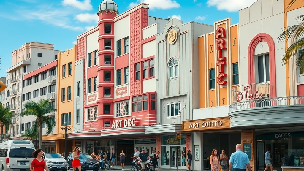Art Deco buildings in Greater Miami, highlighting their historic and artistic significance in a bustling street.