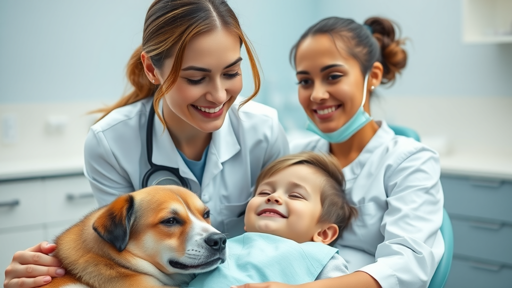 Dentist comforting child patient in a bright, modern dental office for dentistry.