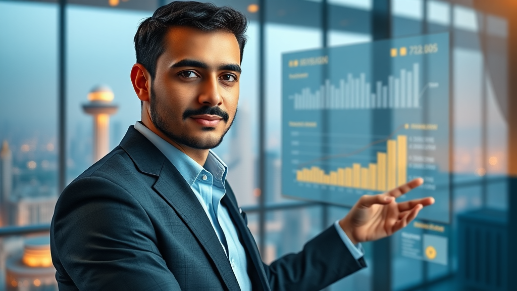 Middle Eastern entrepreneur shares financial model at Cairo startup fundraising event online.