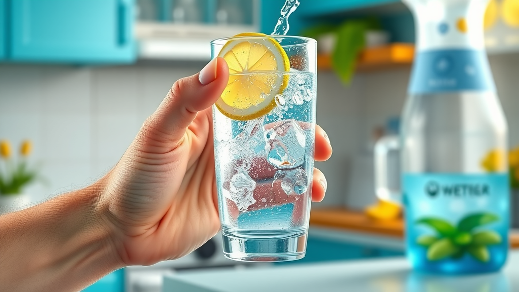 refreshing glass of water with lemon slice, condensation, and energetic adult ready to drink, surrounded by low carb snacks, exemplifying hydration and healthy low carb eating