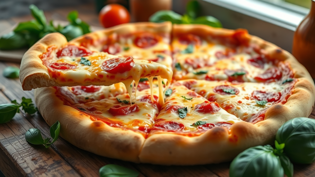 Fresh cheesy pizza slice being pulled with melting cheese perfect for cravings