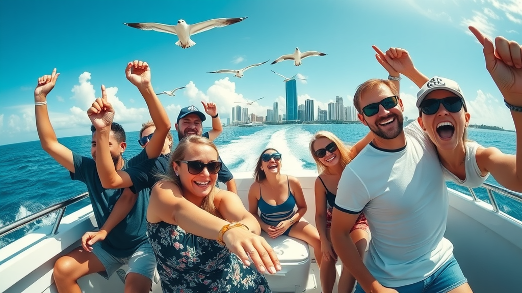 adventurous boat tour, excited expressions, tourists on a boat