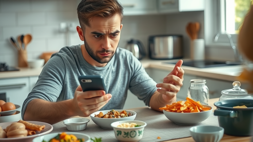 frustrated person making keto diet mistakes, checking food labels and macros, learning from keto errors