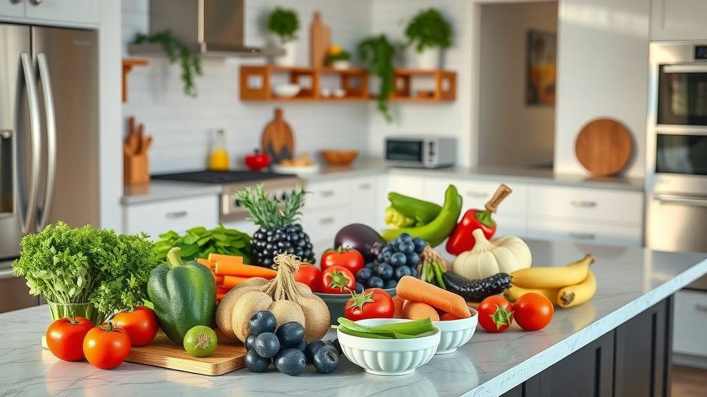 heart-healthy ingredients for keto arranged neatly on a kitchen island